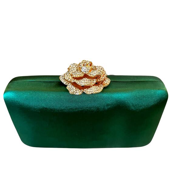 Natasha Crystal Green Satin Evening Clutch Gold Rhinestone Floral Detail New - Picture 3 of 16